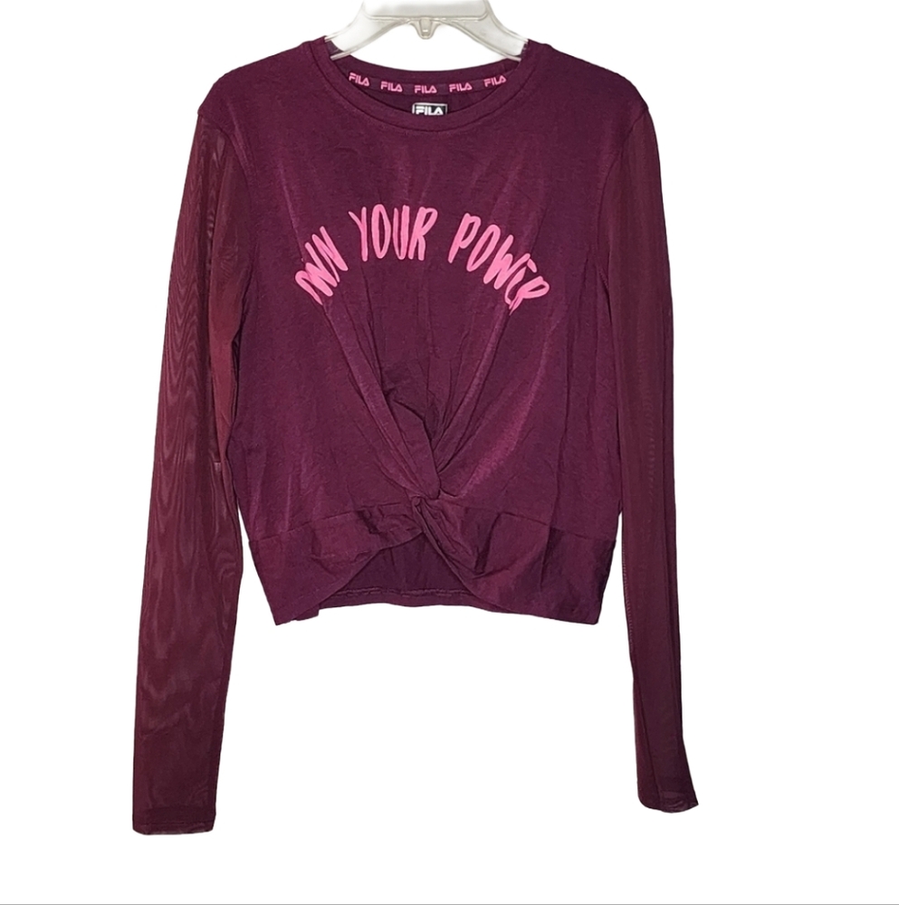 Fila Own Your Power mesh long sleeve knot front crop workout top